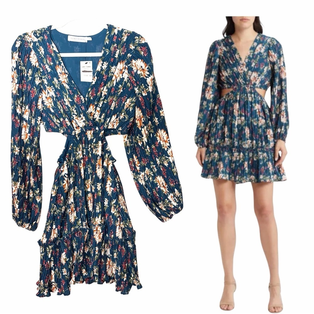 NEW Floret Studios Teal Green Floral Side Cutout Long Sleeve Dress Pleated Sz XS